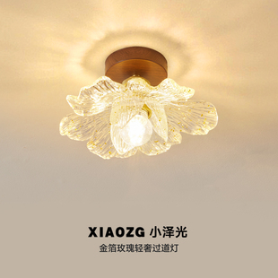 法式复古金箔花瓣木纹过道灯衣帽间入户走廊阳台灯玄关吸顶灯具