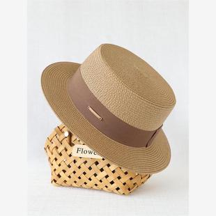 草帽女夏海边遮阳防紫外线平沿帽男女百搭防晒透气太阳帽平顶大头