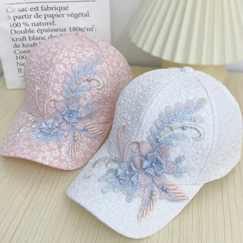 韩版压褶泡泡小碎花棒球帽女蕾丝钉珠花朵防晒帽子遮阳透气鸭舌帽