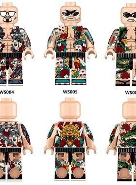 国产积木uv四面印刷纹身古惑仔黑帮老大哥小人仔手办模型男孩玩具