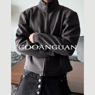 外套秋连帽衫 超短款 正肩机车拉链卫衣360克纯色cleanfit立领开衫