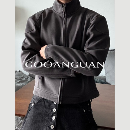 超短款正肩机车拉链卫衣360克纯色cleanfit立领开衫外套秋连帽衫