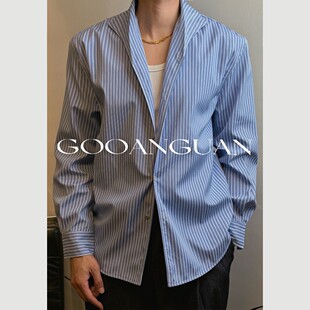 谷安关海鸥领正肩黑白纯色条纹衬衫 上衣单穿内搭 抗皱通勤男生长袖