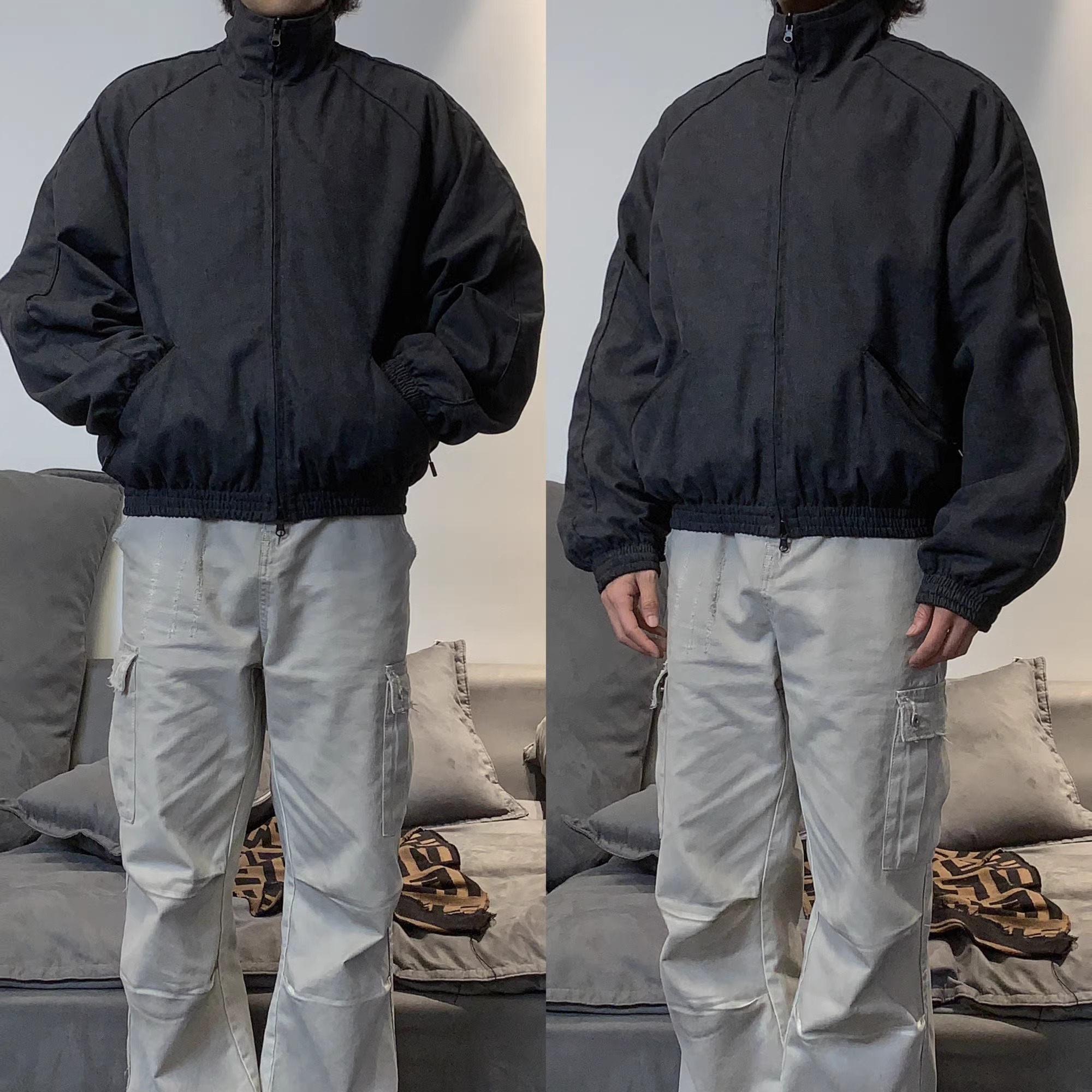 GOOANGUAN牛仔外套脏染短宽夹克