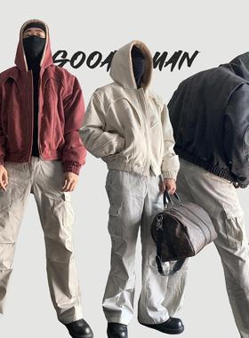 多重解构16oz水洗工装外套男冬季保暖上衣加绒加厚短款连帽座山雕