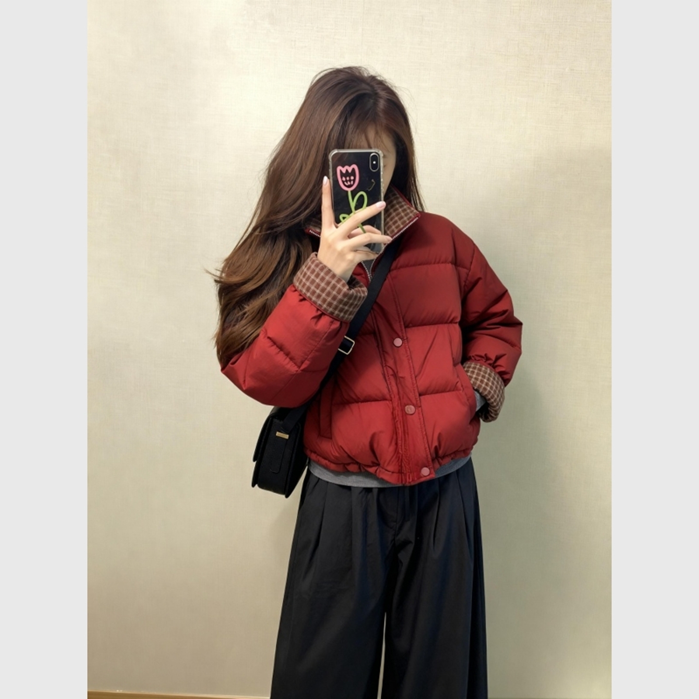 红色格子翻领羽绒服女小个子巨好看的冬装外套棉服韩系短款面包服