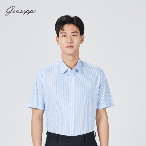 【针织】乔治白春夏男士短袖衬衫尖领纯棉蓝条纹衬衣直筒微弹上衣