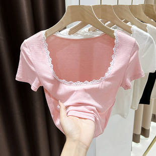 蕾丝拼接领低领短袖t恤女大圆领纯欲修身短款精致气质小众上0304e