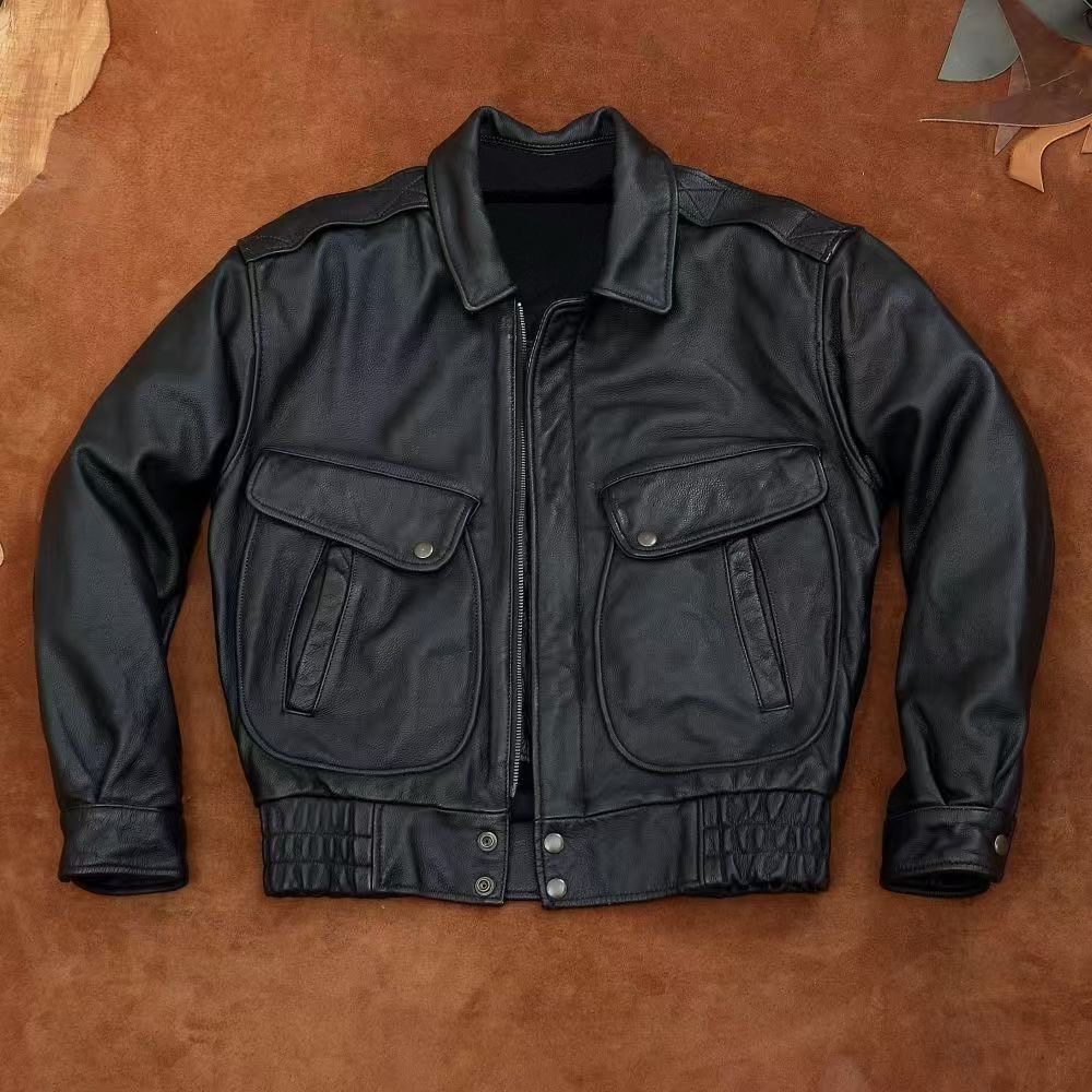 秋季加绒新款宽松版经典飞行服皮夹克皮衣男翻领短款百搭休闲外套