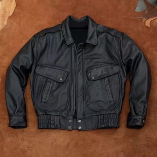 秋季加绒新款宽松版经典飞行服皮夹克皮衣男翻领短款百搭休闲外套