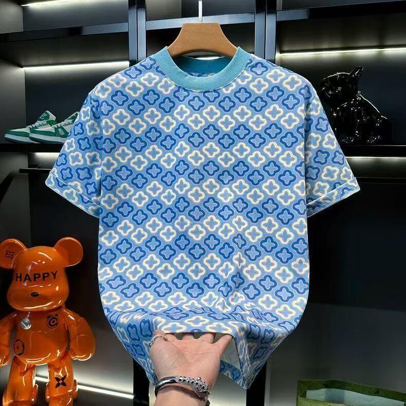 欧货高级感夏季新款痞帅撞色四叶草纯棉短袖T恤时尚圆领百搭上衣