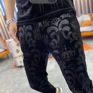 秋冬季高端金丝绒提花束脚卫裤男士潮流修身小脚加绒加厚休闲裤子