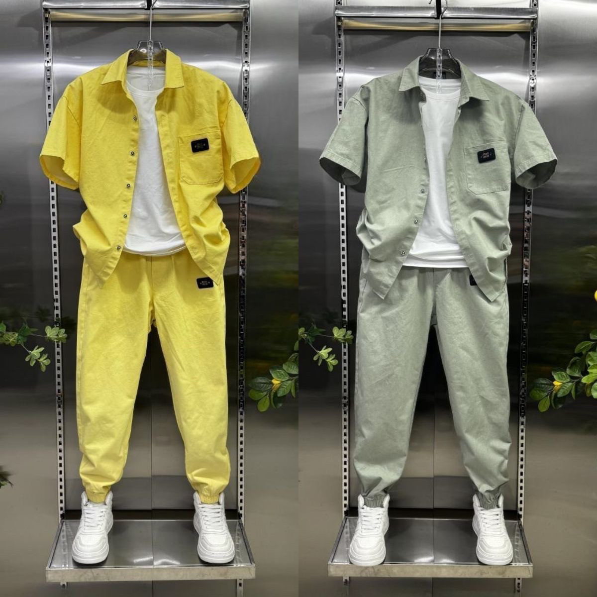 春夏新款男士休闲套装夏季高级工装衬衫时尚宽松痞帅套装小众全套