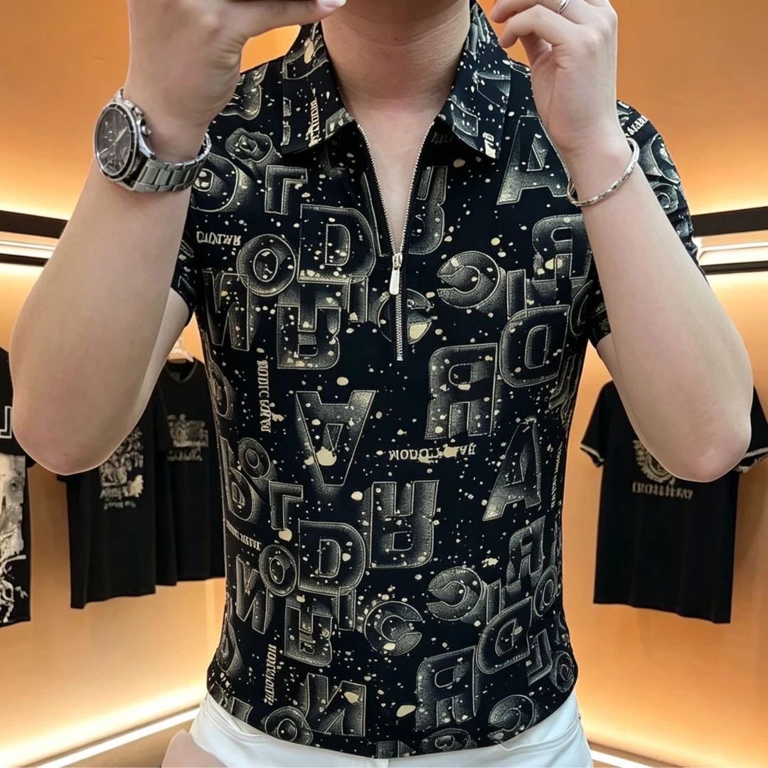 欧货夏季新款男士冰丝翻领短袖衬衫时尚修身弹力个性半袖型男上衣