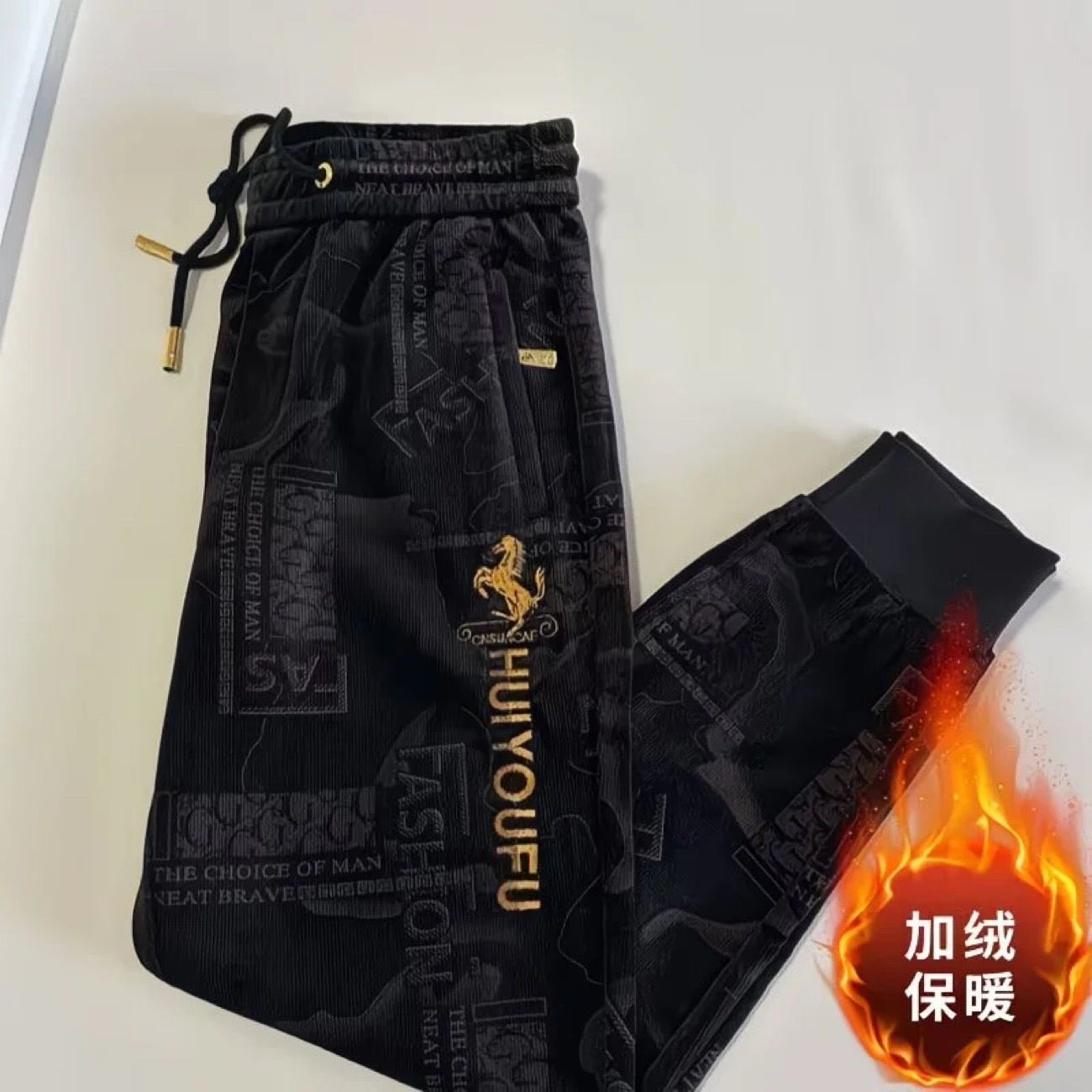 秋冬季新款加厚刺绣男士金丝绒休闲裤时尚百搭帅气加绒束脚裤长裤