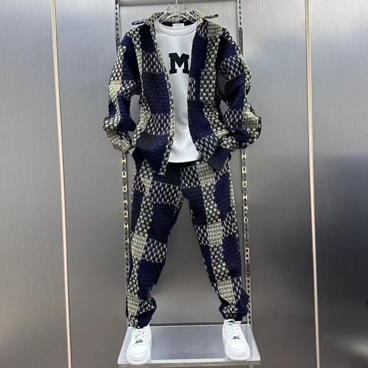 2026欧货新款春秋男士轻奢休闲潮流套装外套衬衣撞色两件套