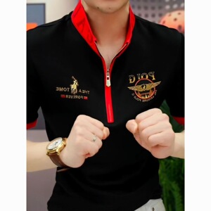 欧洲站男士夏季时尚新款立领潮流短袖拉链修身轻奢痞帅POLO衫上衣