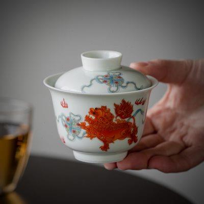 矾红狮子滚绣球盖碗茶杯单个家用陶瓷二才泡茶碗不烫手功夫泡茶器