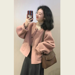 韩系高级感小个子搭配显高呢子大衣宽松粉色毛呢外套女短款 秋冬季