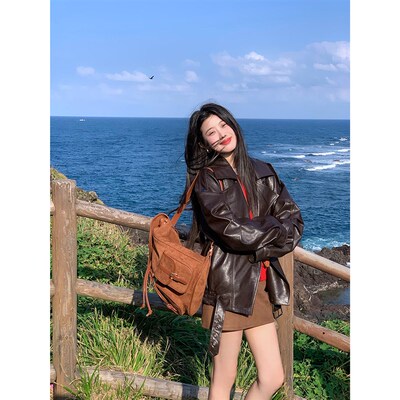 Joeyoo李乔优 皮衣外套女装早秋2024新款复古棕色pu短款夹克上衣