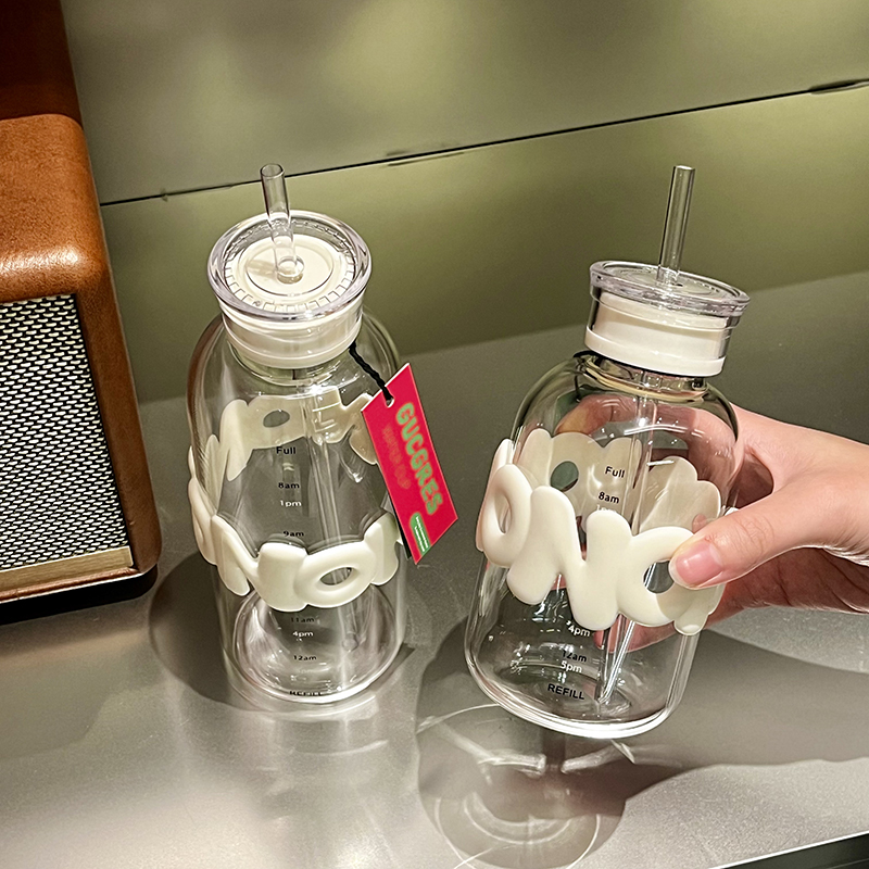 创意新款水杯女生简约带吸管玻璃杯设计感小众玻璃杯外带学生杯子