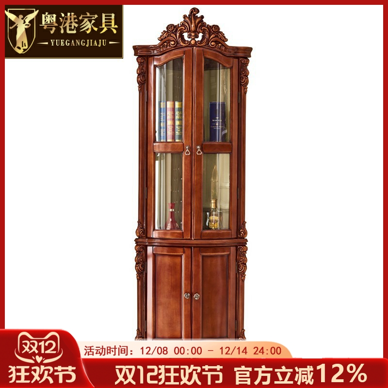 欧式实木酒柜 美式轻奢实木双门雕花装饰柜客厅玻璃储物展示柜子