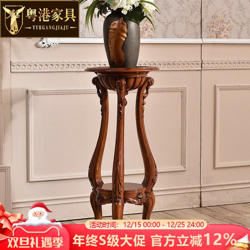 欧式全实木双层花架置物架雕花落地高脚花盆架花台实木陈列双层架