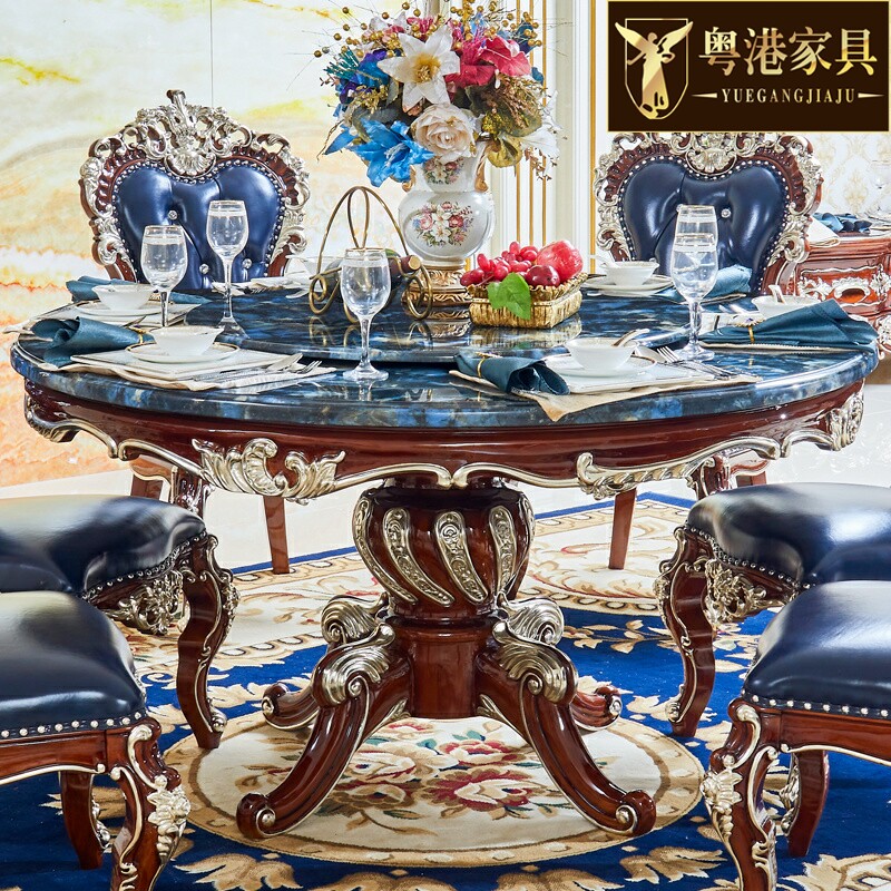 欧式大理石餐桌椅组合 美式别墅餐厅实木雕花家用6人8人圆形饭桌