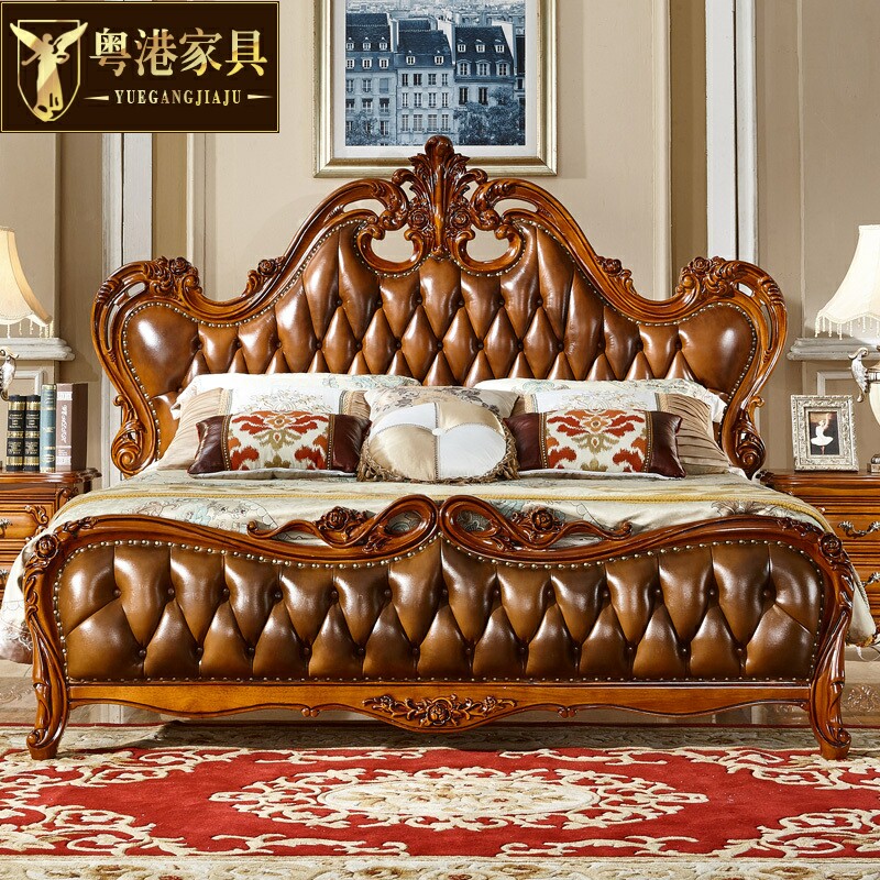 欧式床全实木美式头层真皮婚床豪华雕花1.8主卧双人公主床2.0大床