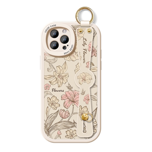 复古百合适用苹果13手机壳16pro新款女iPhone15proMAX全包17防摔13mini腕带xs挂绳7plus斜跨6s斜挎挂脖xr背带