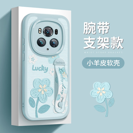 适用荣耀magic6手机壳新款魔术7Pro小羊皮腕带magic4至臻版油画花朵x50女款30支架por全包保护套防摔