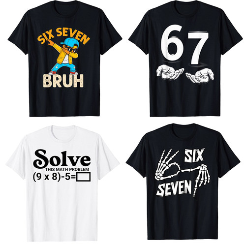 SixSeven67趣味字母印花圆领短袖夏季宽松运动衫亲肤透气休闲上衣