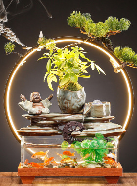 大师艺术高端新中式创意玻璃鱼缸招财流水摆件时来运转玄关办公室