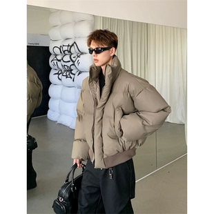 高街痞帅立领短款 PU皮帅气棉袄潮牌宽松面包服棉衣 羽绒棉服男冬季