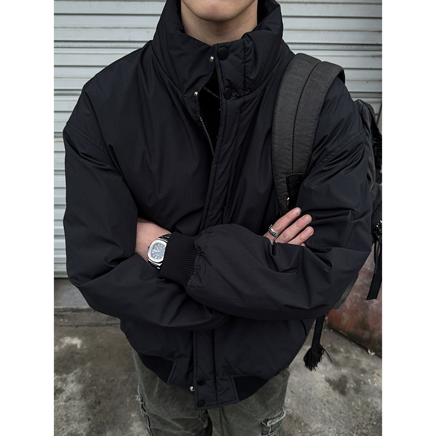 美式复古工装立领黑色羽绒服男