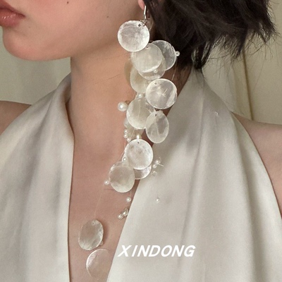 法式复古天然白色贝壳珍珠流苏耳钉女轻奢小众长款耳饰度假风耳环
