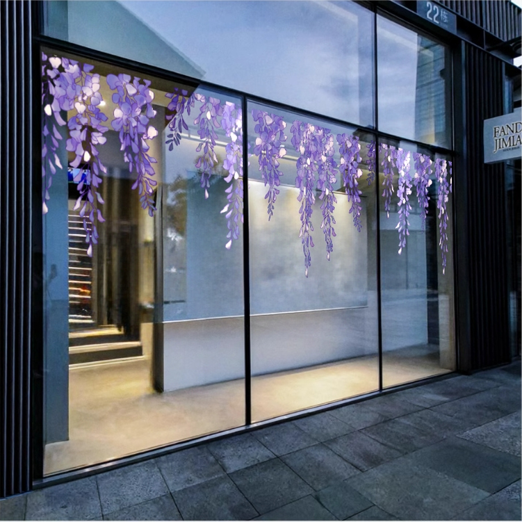 春夏季紫色花朵玻璃门静电贴服装店等橱窗门窗玻璃贴纸