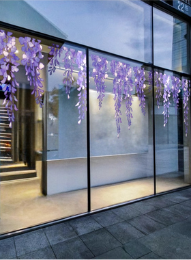 春夏季紫色花朵玻璃门静电贴服装店等橱窗门窗玻璃贴纸