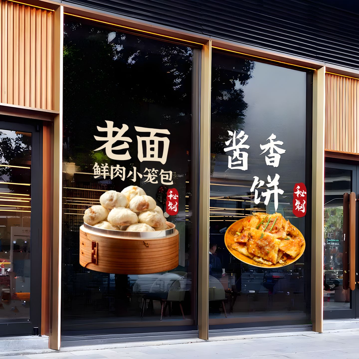 老面小笼包玻璃装饰广告贴纸玻璃透明静电贴小吃早点创意广告贴纸