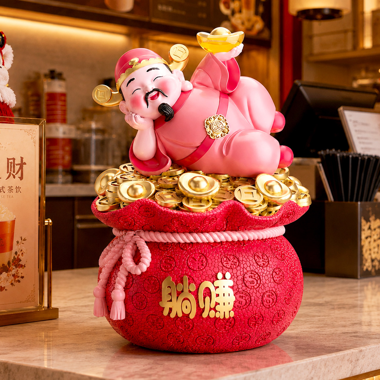 躺挣财神爷摆件招财工艺品存钱罐客厅前台收银台乔迁开业大吉摆件