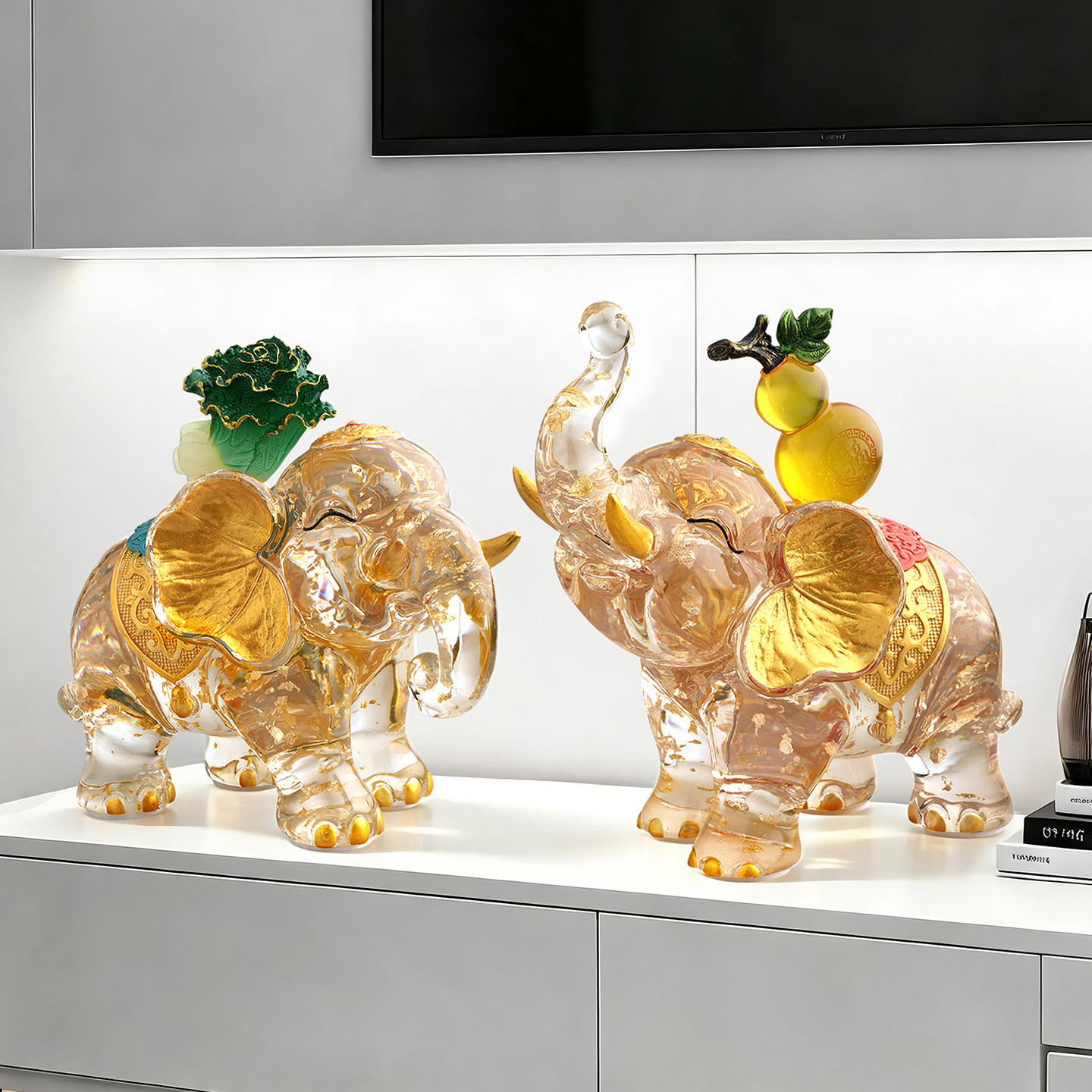 福禄招财透明金箔大象摆件高级客厅玄关装饰开业乔迁搬家送人礼物