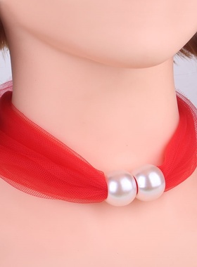 春夏季网纱蕾丝小丝巾女士百搭装饰围脖项链仿珍珠吊坠围脖