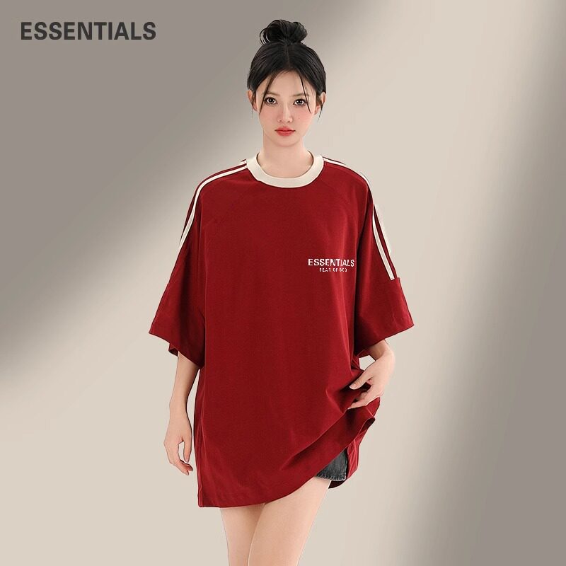 ESSENTIALS官方本命年夏季运动短袖T恤男女红色潮牌纯棉条纹圆领