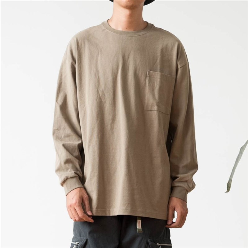 友町 春秋 300G重磅纯棉日系简约休闲口袋装饰长袖T恤衫打底