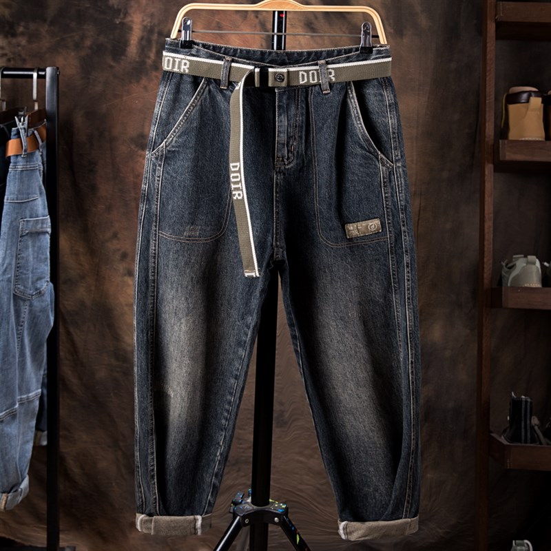 美式拼接工装牛仔裤男宽松阔腿纯棉加肥加大码休闲男裤子胖子潮牌