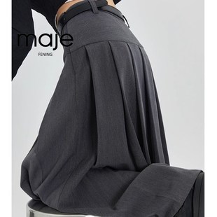 高腰裙子大码 百褶裙秋季 半身裙A字型长裙中长款 高端定制灰色西装