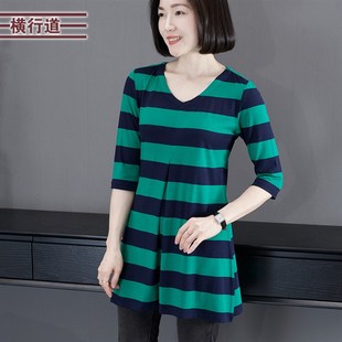 新款 女装 v领条纹七分袖 包臀上衣服中袖 t恤 休闲宽松中长款 2025春装