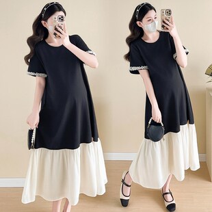 休闲显瘦裙子夏季 孕妇装 连衣裙宽松大码 拼接网纱短袖 孕妇裙夏 夏装
