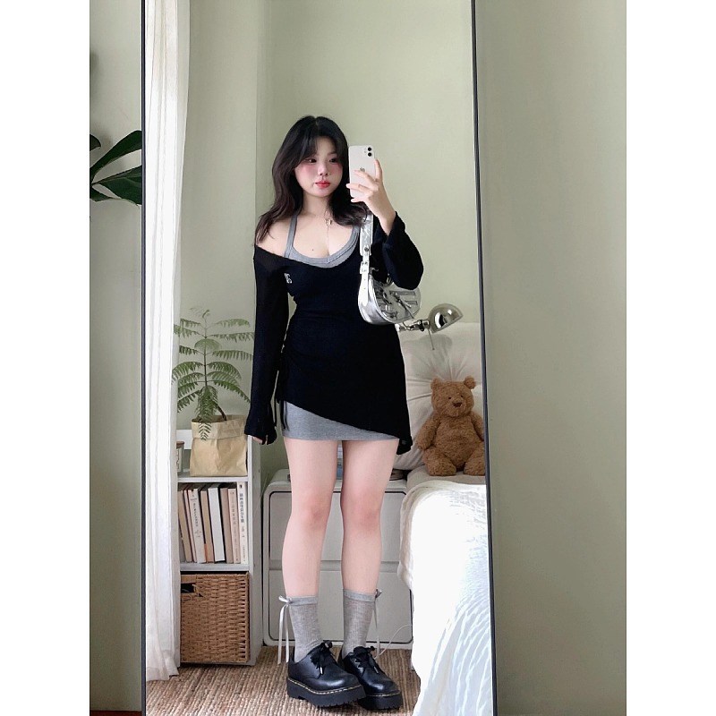 大码甜辣妹早秋穿搭一整套胖mm收腰挂脖灰色连衣裙女防晒罩衫套装