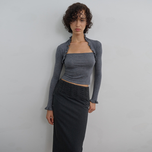 introutro花边假两件羊毛长袖简约风一字肩套头通勤百搭打底上衣